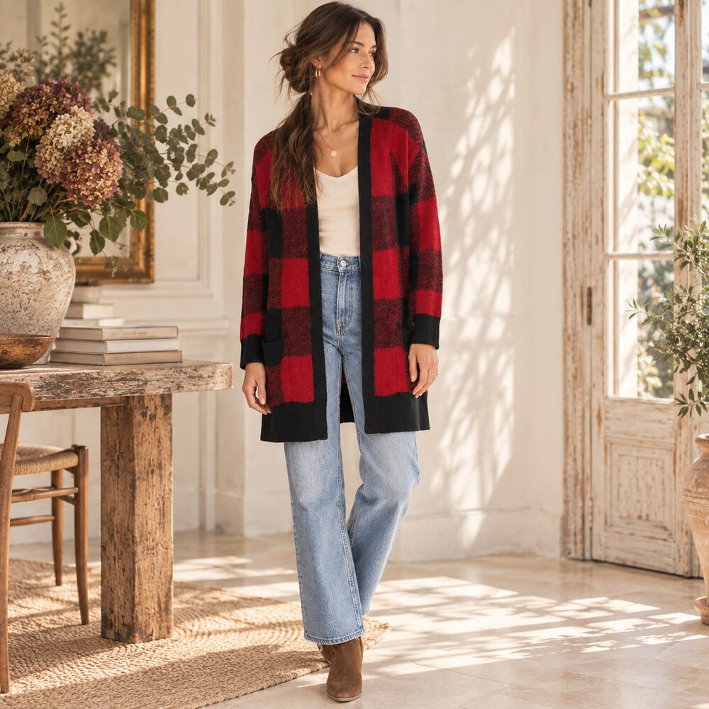 Lucky Brand Cardigan Womens S Red Black Plaid Wool Blend Long Open Front Sweater
